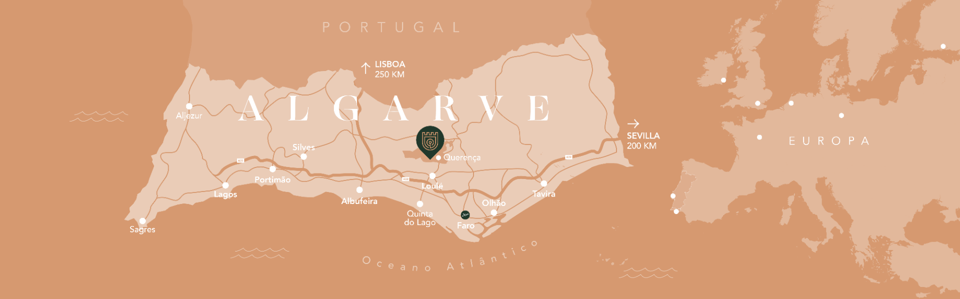 Mapa do Algarve que mostre a localização do Ombria Resort