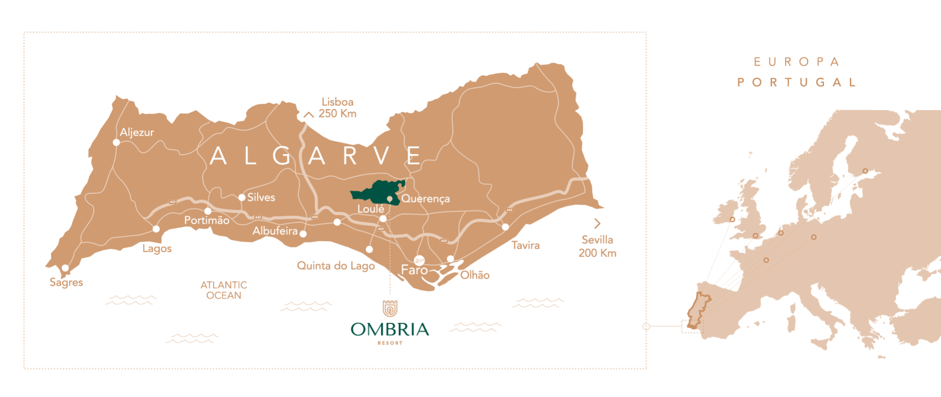 Mapa do Algarve com a localização do Ombria Resort