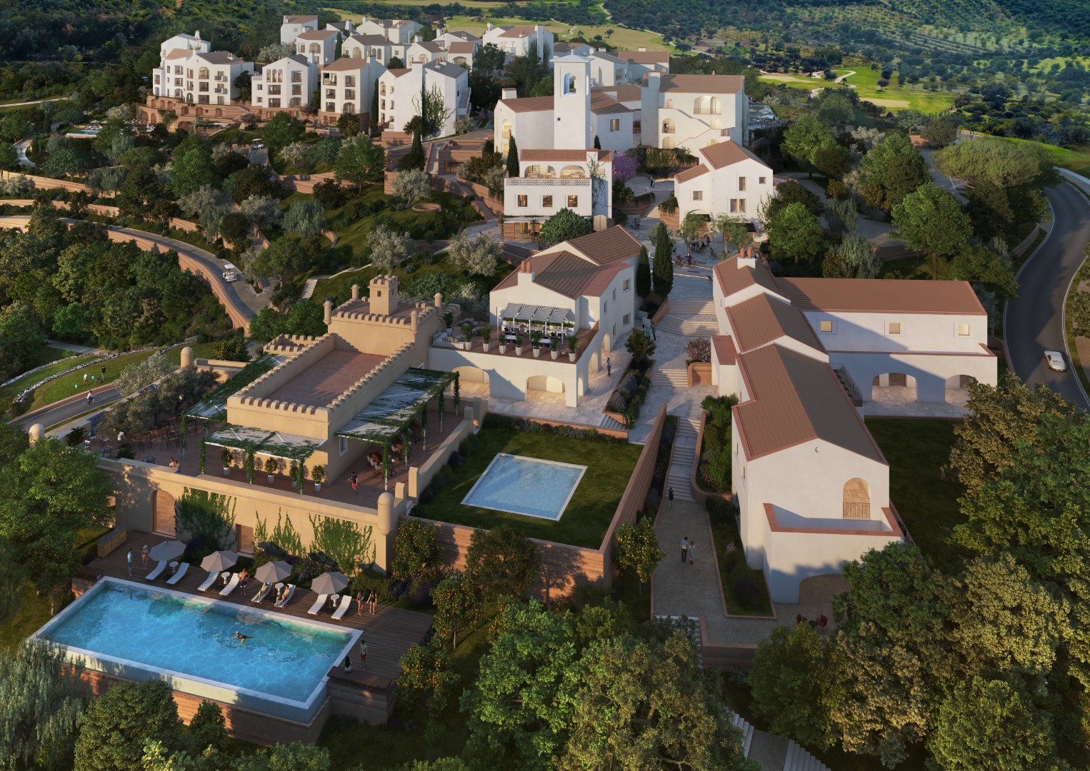 Perspetiva aérea de todos os edifícios do Ombria Resort