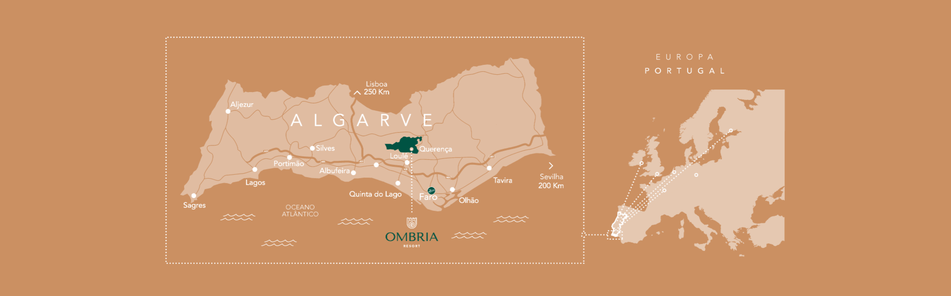 Mapa do Algarve que mostre a localização do Ombria Resort